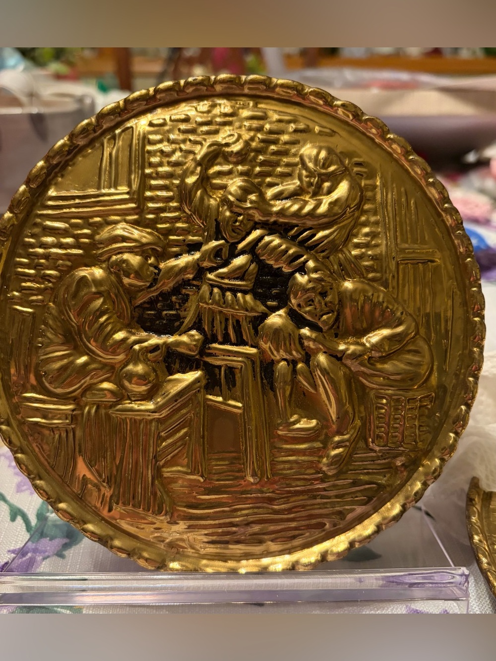 Gold Brass Embossed Tavern Scene Wall Pocket Made in England